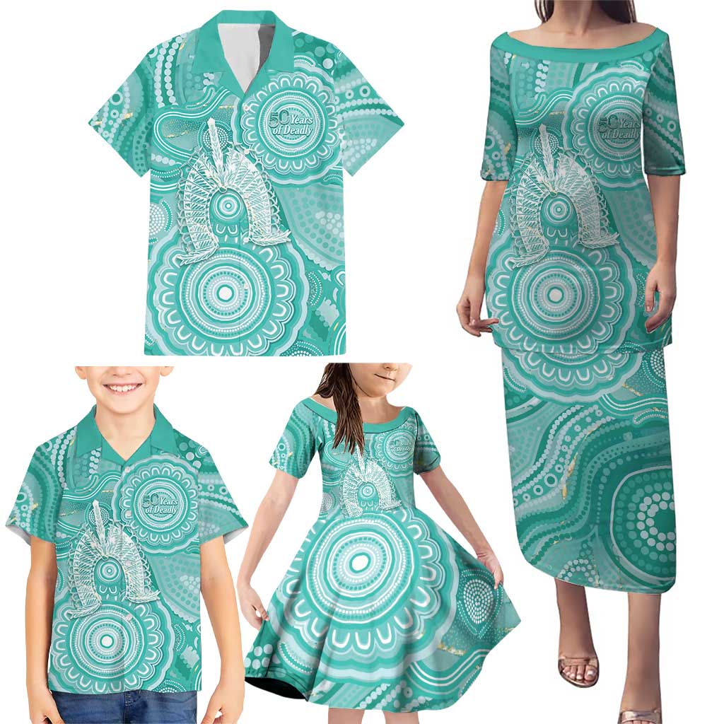 50 Years Deadly NAIDOC Week 2026 Personalised Family Matching Puletasi and Hawaiian Shirt Dhari Cyan Indigenous Art