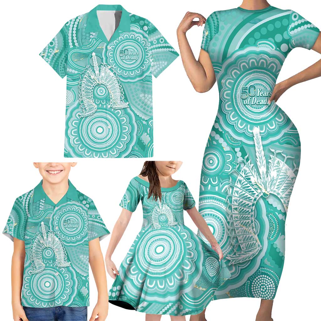 50 Years Deadly NAIDOC Week 2026 Personalised Family Matching Short Sleeve Bodycon Dress and Hawaiian Shirt Dhari Cyan Indigenous Art