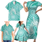 50 Years Deadly NAIDOC Week 2026 Personalised Family Matching Short Sleeve Bodycon Dress and Hawaiian Shirt Dhari Cyan Indigenous Art