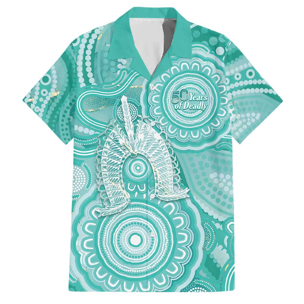 50 Years Deadly NAIDOC Week 2026 Personalised Family Matching Short Sleeve Bodycon Dress and Hawaiian Shirt Dhari Cyan Indigenous Art