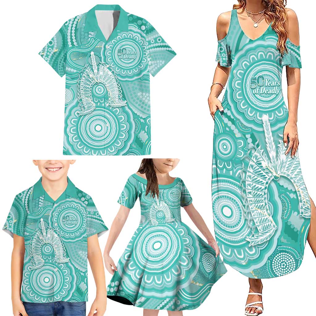 50 Years Deadly NAIDOC Week 2026 Personalised Family Matching Summer Maxi Dress and Hawaiian Shirt Dhari Cyan Indigenous Art