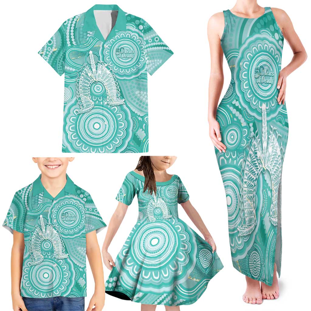 50 Years Deadly NAIDOC Week 2026 Personalised Family Matching Tank Maxi Dress and Hawaiian Shirt Dhari Cyan Indigenous Art