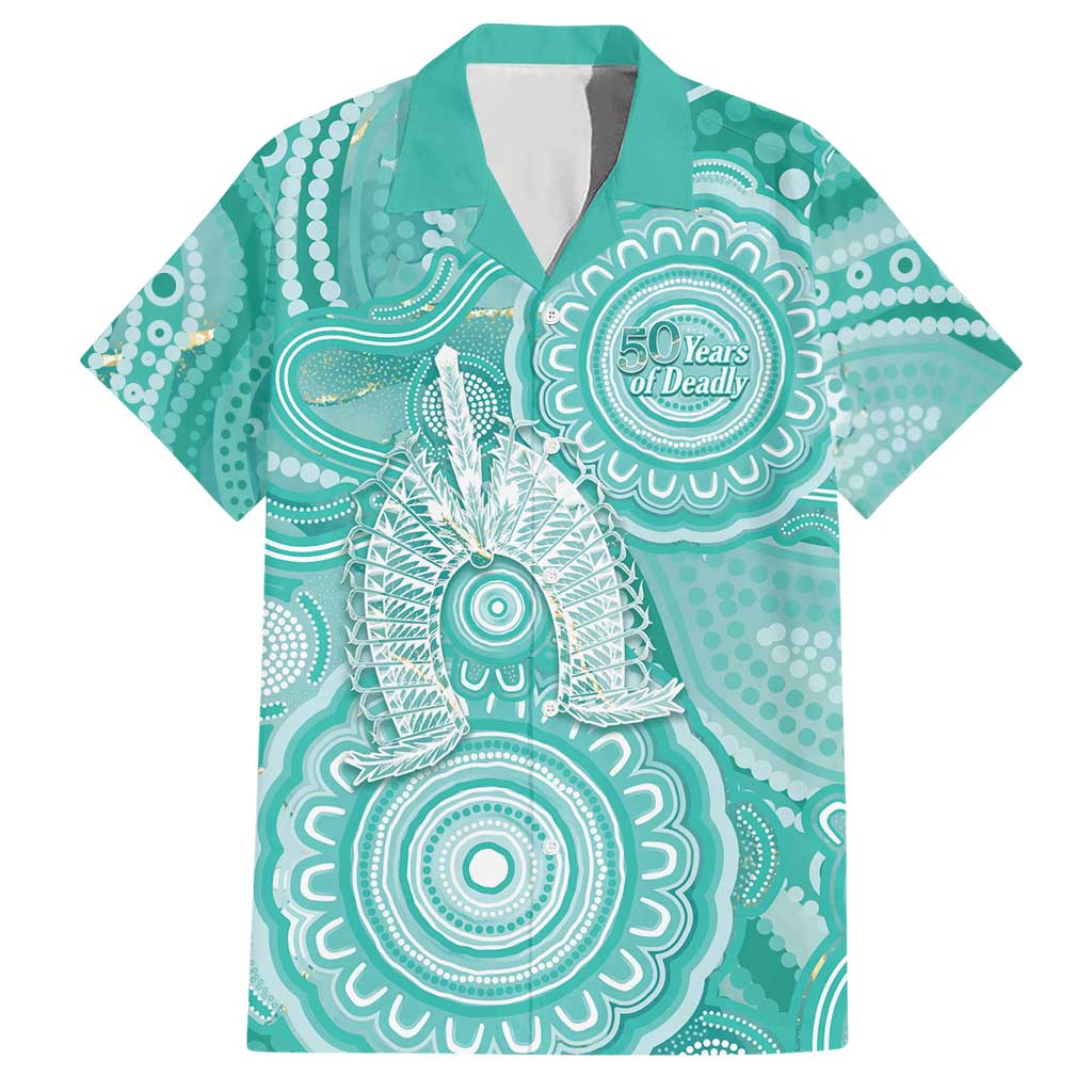 50 Years Deadly NAIDOC Week 2026 Personalised Hawaiian Shirt Dhari Cyan Indigenous Art