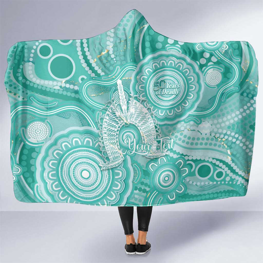 50 Years Deadly NAIDOC Week 2026 Personalised Hooded Blanket Dhari Cyan Indigenous Art
