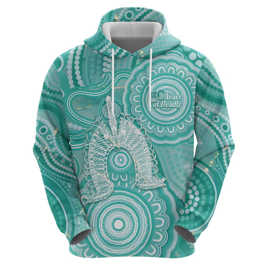 50 Years Deadly NAIDOC Week 2026 Personalised Hoodie Dhari Cyan Indigenous Art