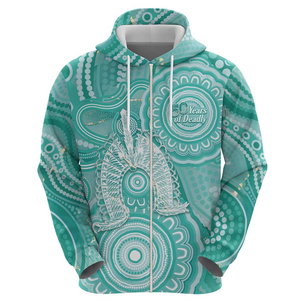 50 Years Deadly NAIDOC Week 2026 Personalised Hoodie Dhari Cyan Indigenous Art