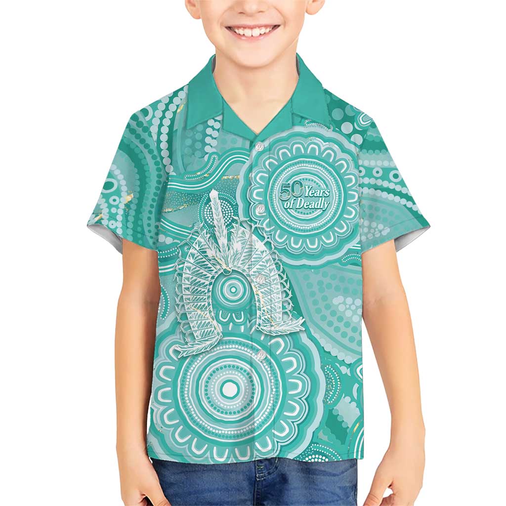 50 Years Deadly NAIDOC Week 2026 Personalised Kid Hawaiian Shirt Dhari Cyan Indigenous Art