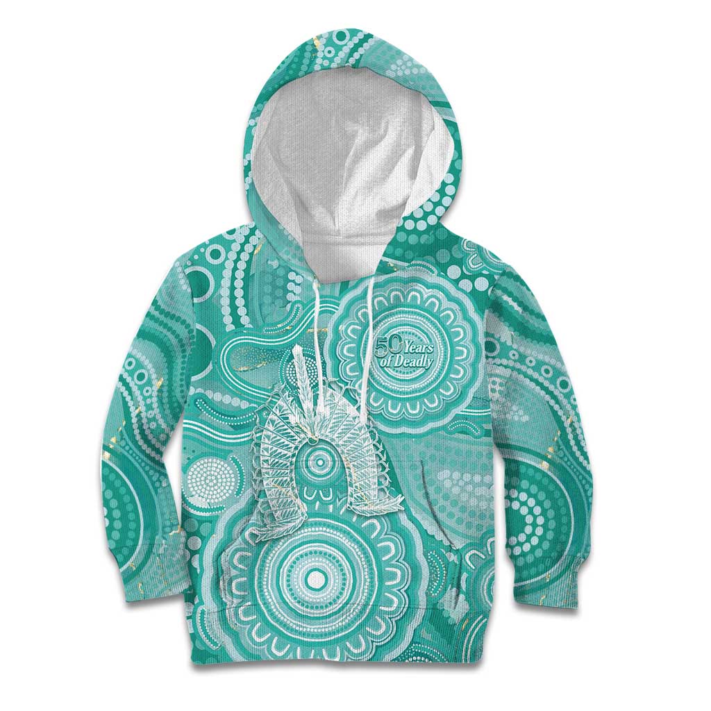 50 Years Deadly NAIDOC Week 2026 Personalised Kid Hoodie Dhari Cyan Indigenous Art