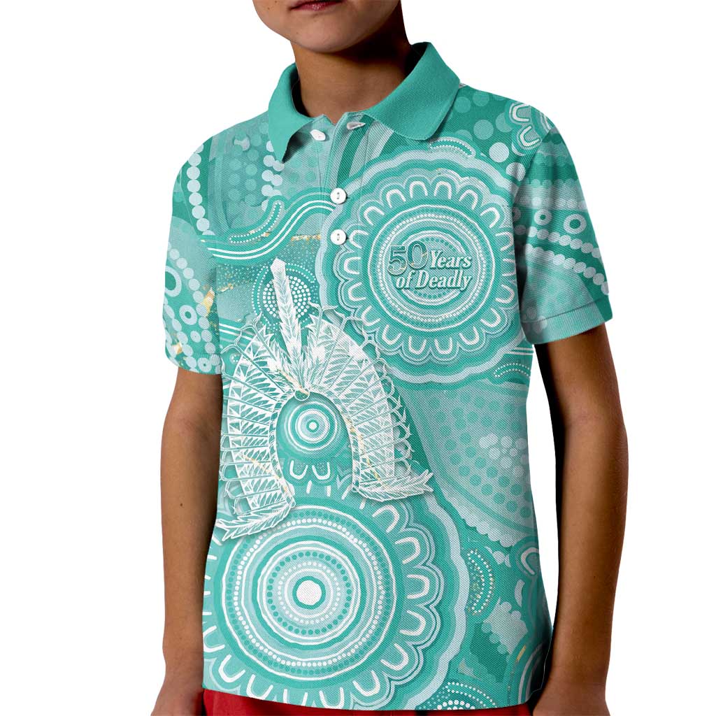 50 Years Deadly NAIDOC Week 2026 Personalised Kid Polo Shirt Dhari Cyan Indigenous Art