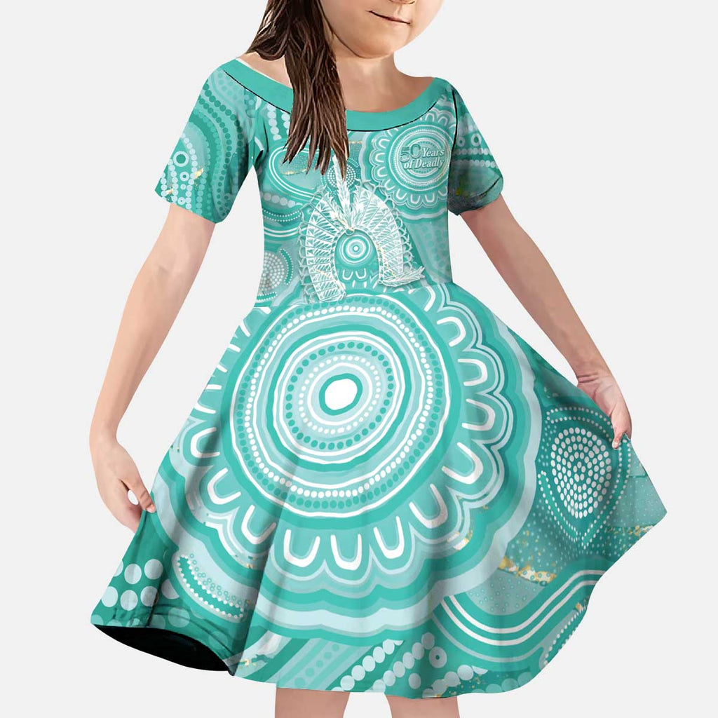 50 Years Deadly NAIDOC Week 2026 Personalised Kid Short Sleeve Dress Dhari Cyan Indigenous Art