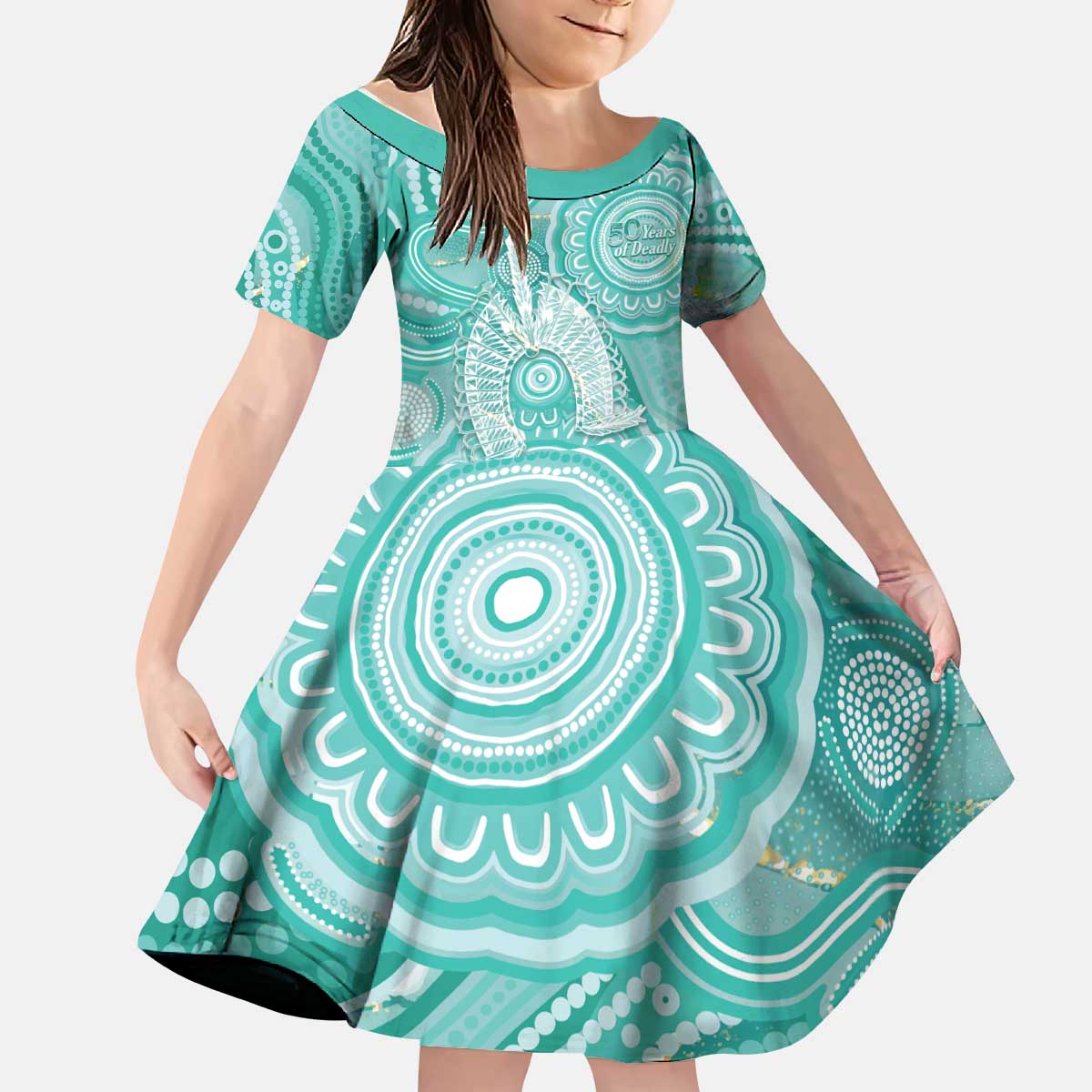 50 Years Deadly NAIDOC Week 2026 Personalised Kid Short Sleeve Dress Dhari Cyan Indigenous Art