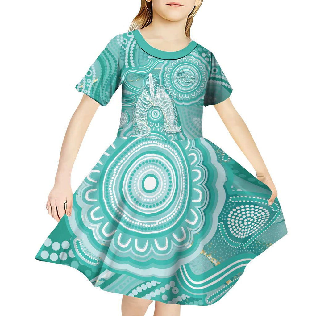 50 Years Deadly NAIDOC Week 2026 Personalised Kid Short Sleeve Dress Dhari Cyan Indigenous Art
