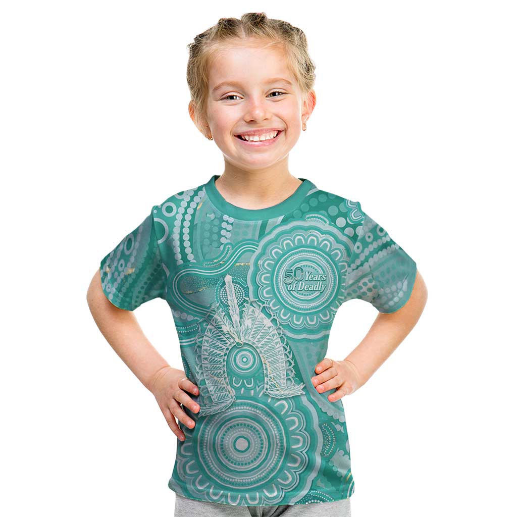 50 Years Deadly NAIDOC Week 2026 Personalised Kid T Shirt Dhari Cyan Indigenous Art