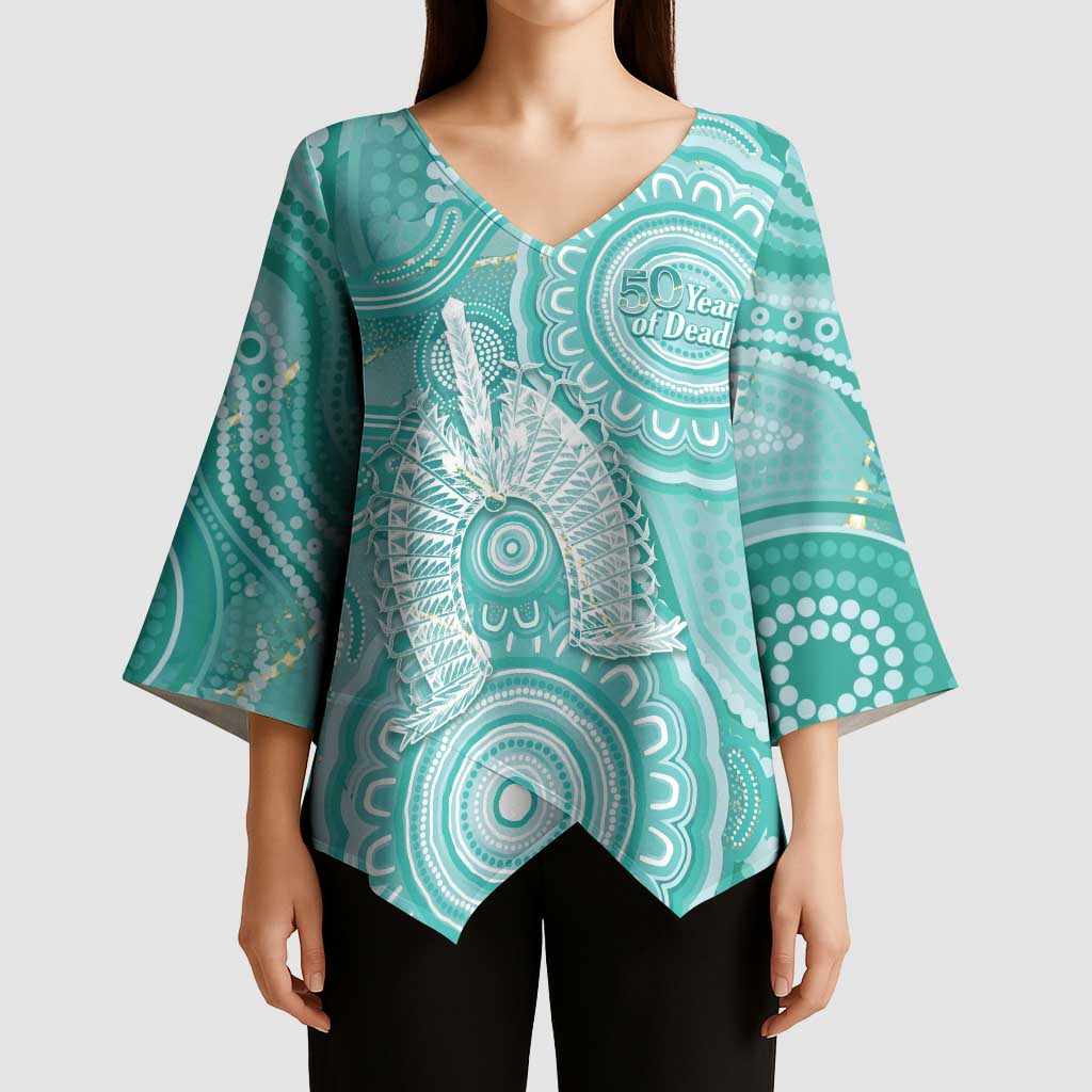 50 Years Deadly NAIDOC Week 2026 Personalised Kimono Sleeve Blouse Dhari Cyan Indigenous Art