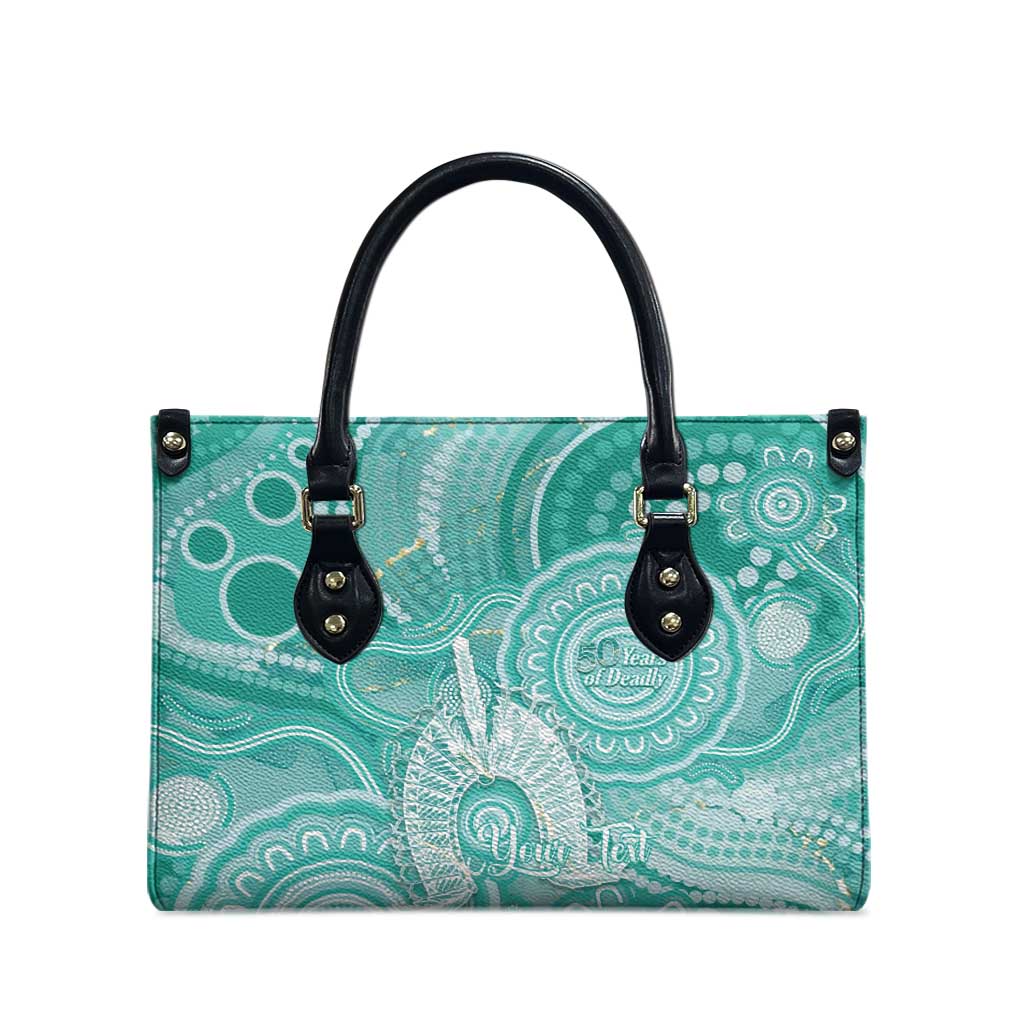 50 Years Deadly NAIDOC Week 2026 Personalised Leather Bag Dhari Cyan Indigenous Art
