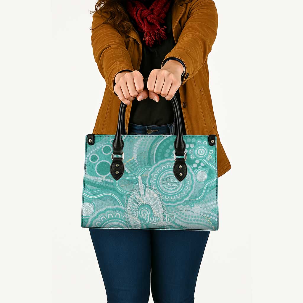 50 Years Deadly NAIDOC Week 2026 Personalised Leather Bag Dhari Cyan Indigenous Art