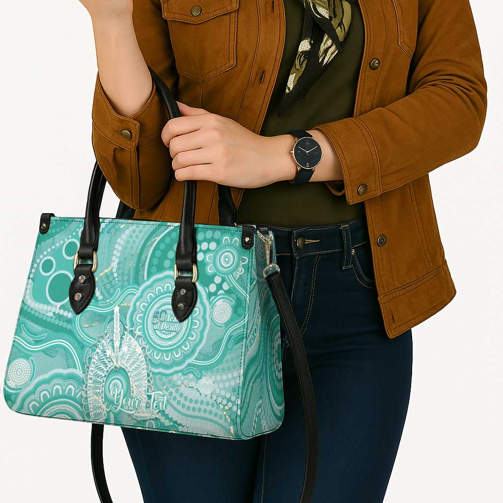 50 Years Deadly NAIDOC Week 2026 Personalised Leather Bag Dhari Cyan Indigenous Art