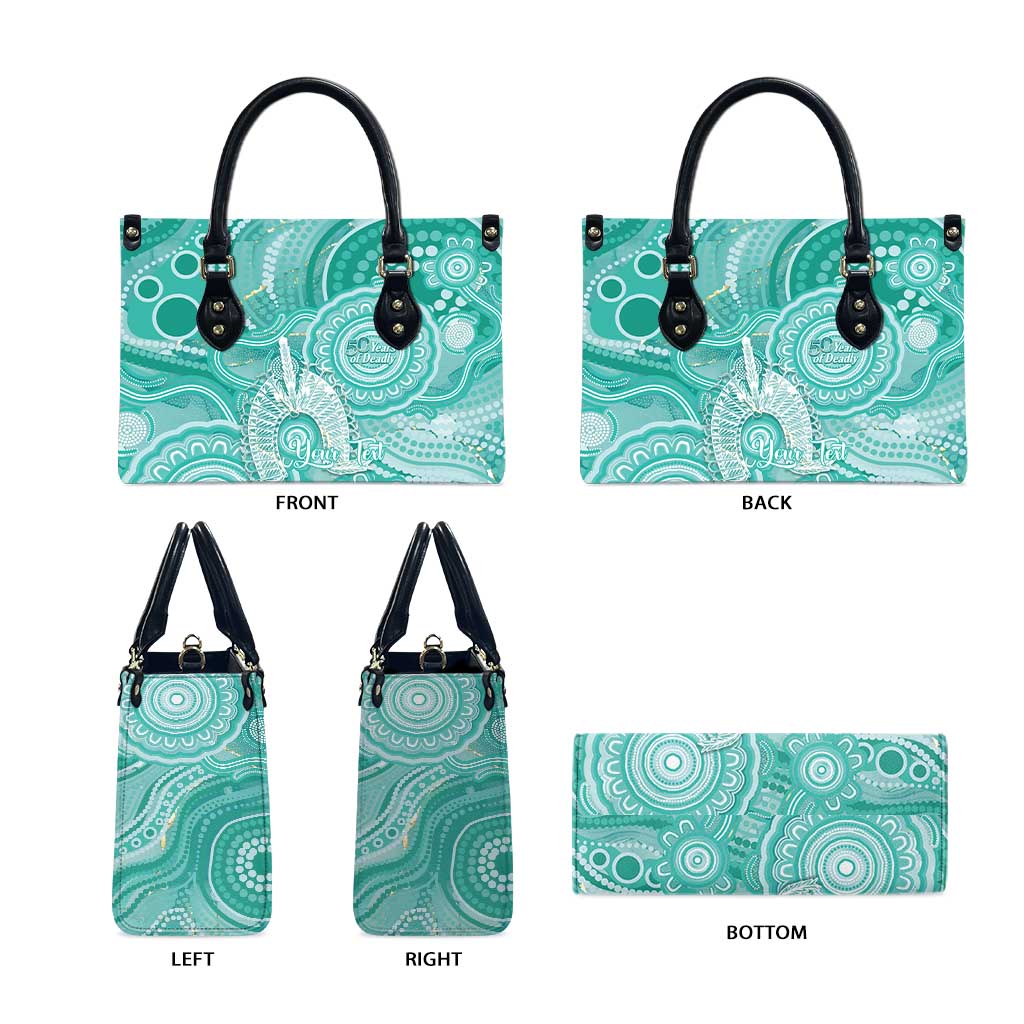 50 Years Deadly NAIDOC Week 2026 Personalised Leather Bag Dhari Cyan Indigenous Art