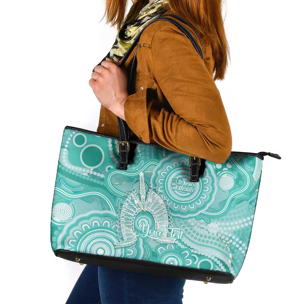 50 Years Deadly NAIDOC Week 2026 Personalised Leather Tote Bag Dhari Cyan Indigenous Art