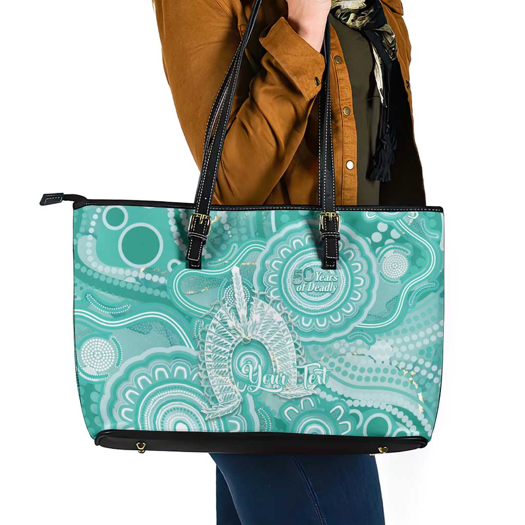 50 Years Deadly NAIDOC Week 2026 Personalised Leather Tote Bag Dhari Cyan Indigenous Art