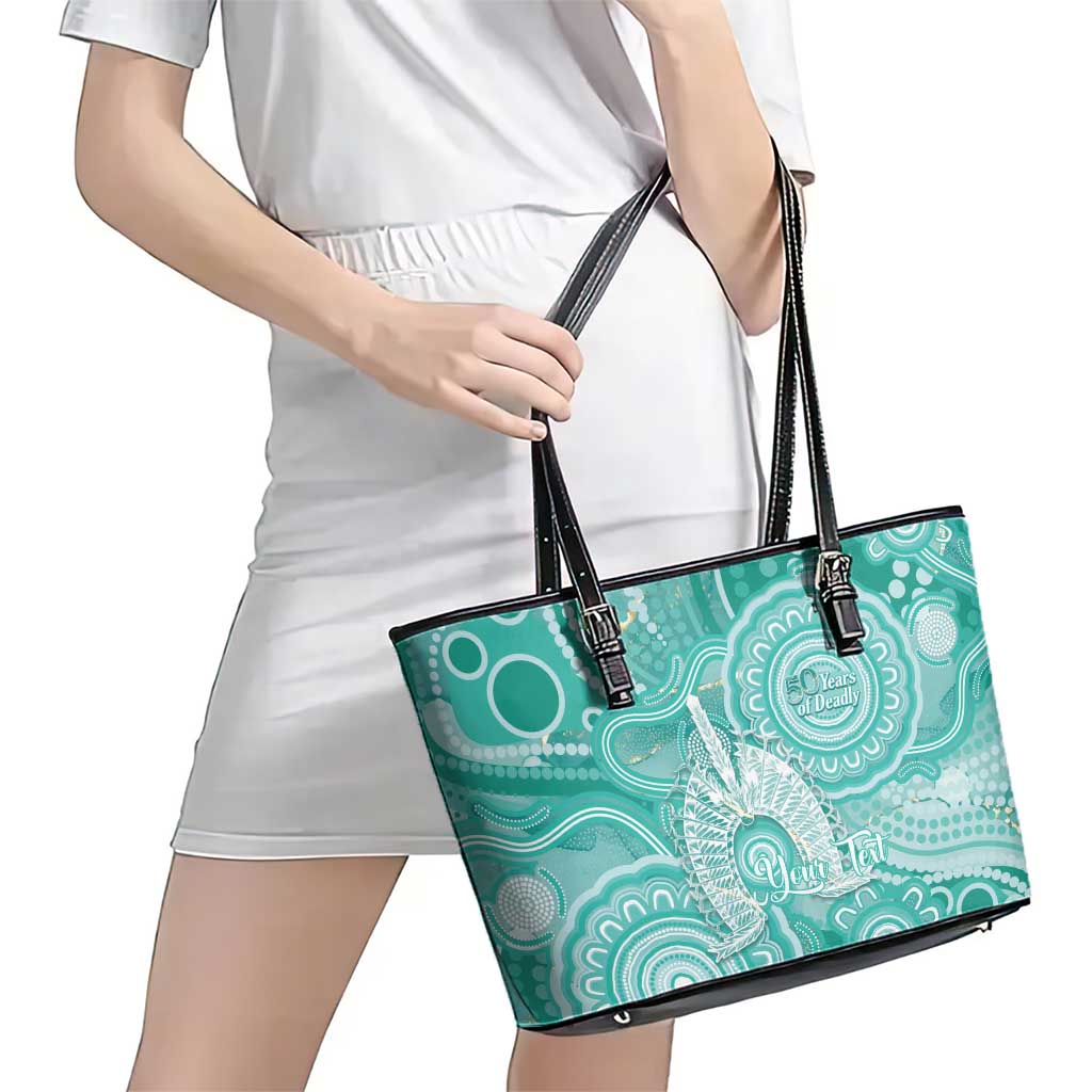 50 Years Deadly NAIDOC Week 2026 Personalised Leather Tote Bag Dhari Cyan Indigenous Art
