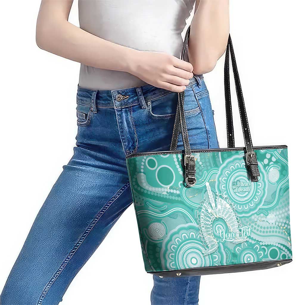50 Years Deadly NAIDOC Week 2026 Personalised Leather Tote Bag Dhari Cyan Indigenous Art