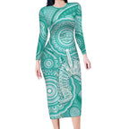50 Years Deadly NAIDOC Week 2026 Personalised Long Sleeve Bodycon Dress Dhari Cyan Indigenous Art
