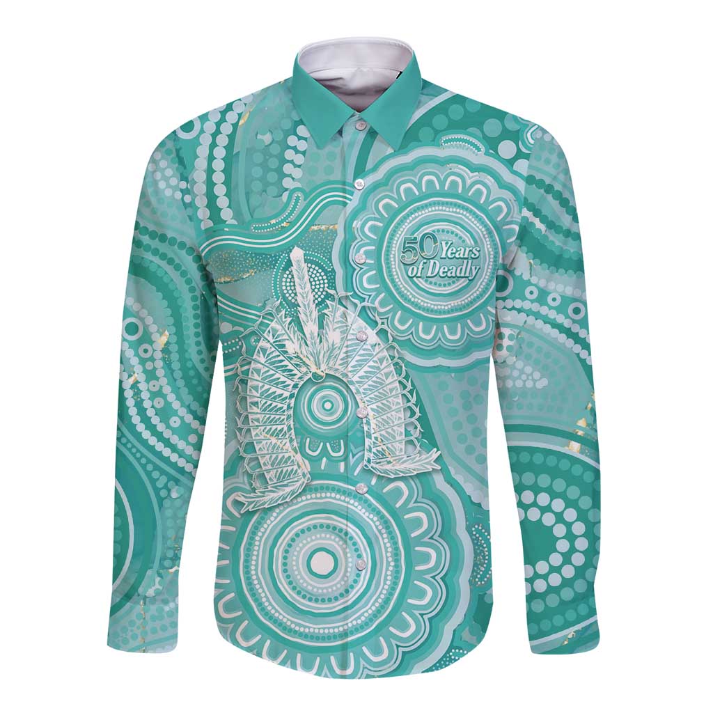 50 Years Deadly NAIDOC Week 2026 Personalised Long Sleeve Button Shirt Dhari Cyan Indigenous Art