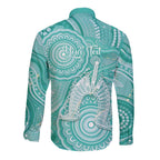 50 Years Deadly NAIDOC Week 2026 Personalised Long Sleeve Button Shirt Dhari Cyan Indigenous Art