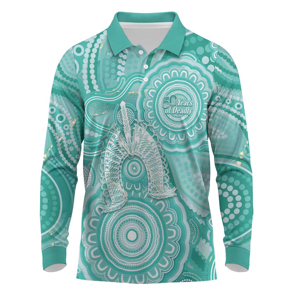 50 Years Deadly NAIDOC Week 2026 Personalised Long Sleeve Polo Shirt Dhari Cyan Indigenous Art