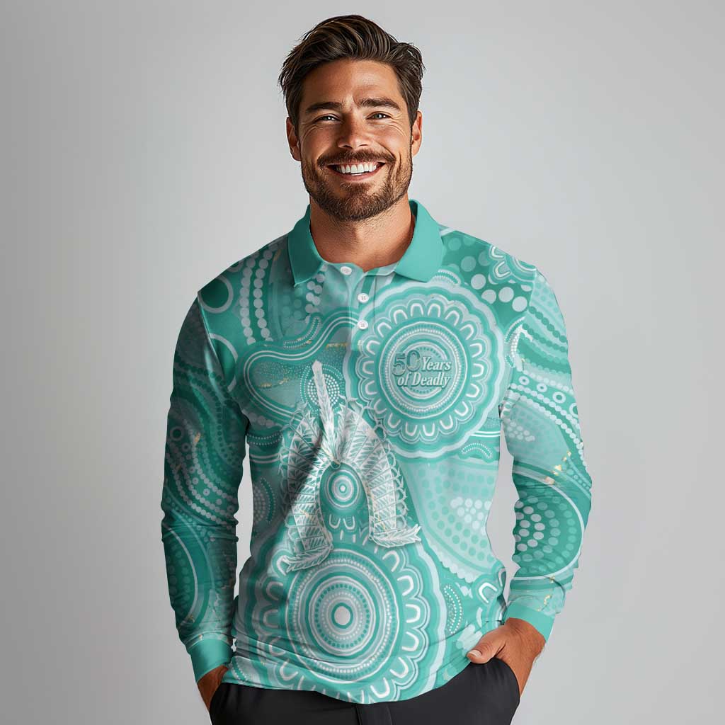 50 Years Deadly NAIDOC Week 2026 Personalised Long Sleeve Polo Shirt Dhari Cyan Indigenous Art