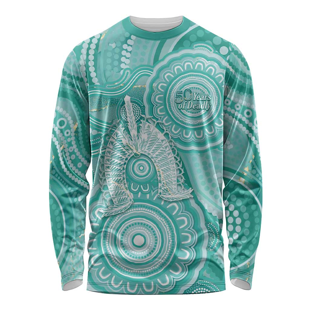 50 Years Deadly NAIDOC Week 2026 Personalised Long Sleeve Shirt Dhari Cyan Indigenous Art