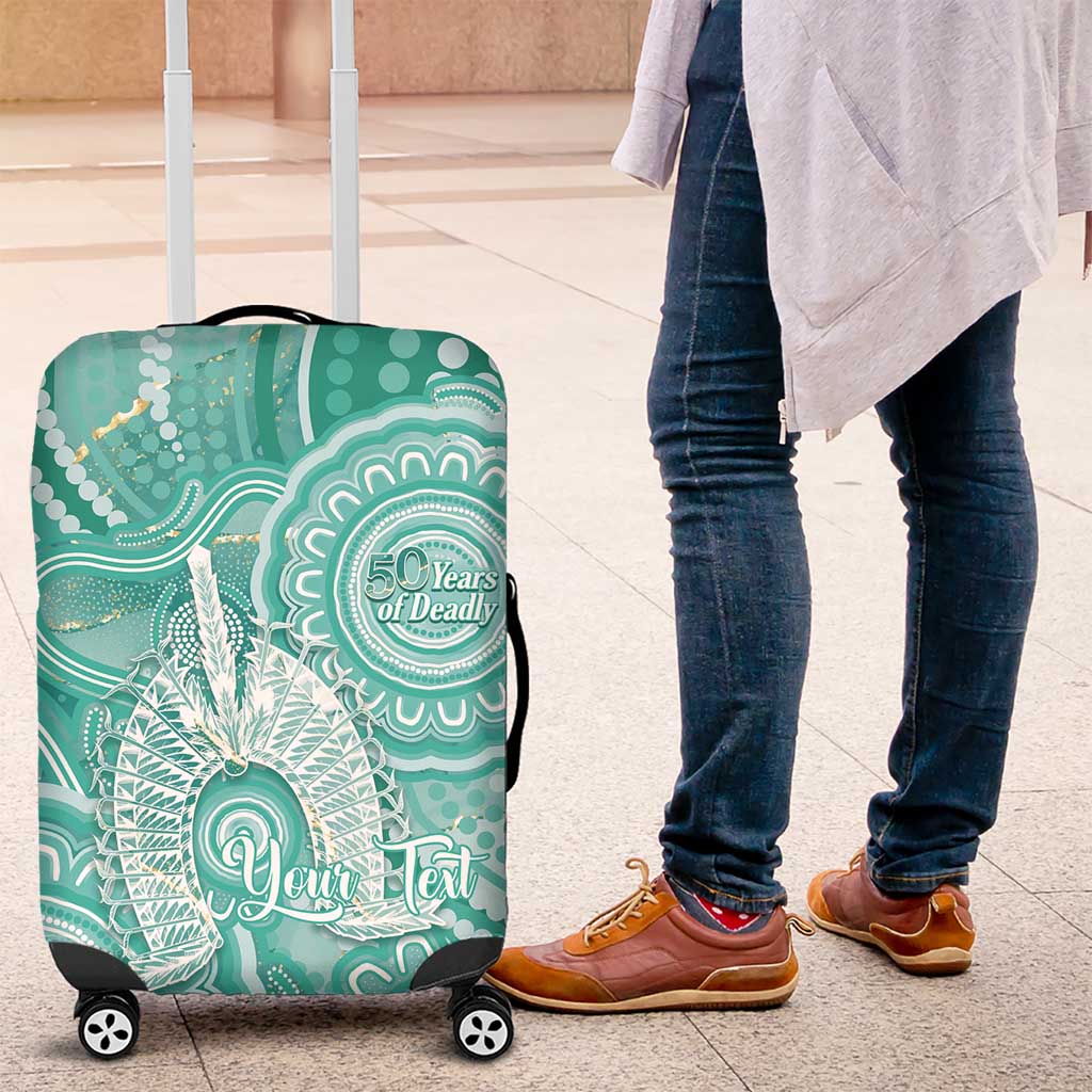 50 Years Deadly NAIDOC Week 2026 Personalised Luggage Cover Dhari Cyan Indigenous Art
