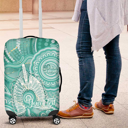50 Years Deadly NAIDOC Week 2026 Personalised Luggage Cover Dhari Cyan Indigenous Art