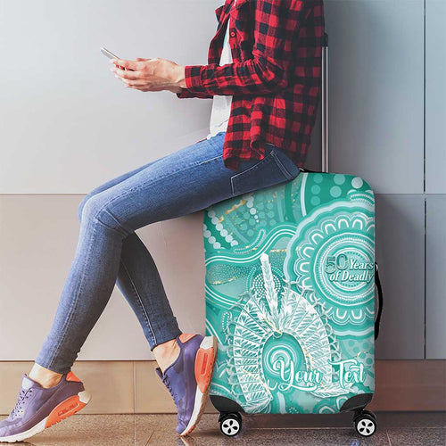 50 Years Deadly NAIDOC Week 2026 Personalised Luggage Cover Dhari Cyan Indigenous Art