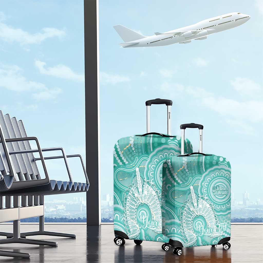 50 Years Deadly NAIDOC Week 2026 Personalised Luggage Cover Dhari Cyan Indigenous Art