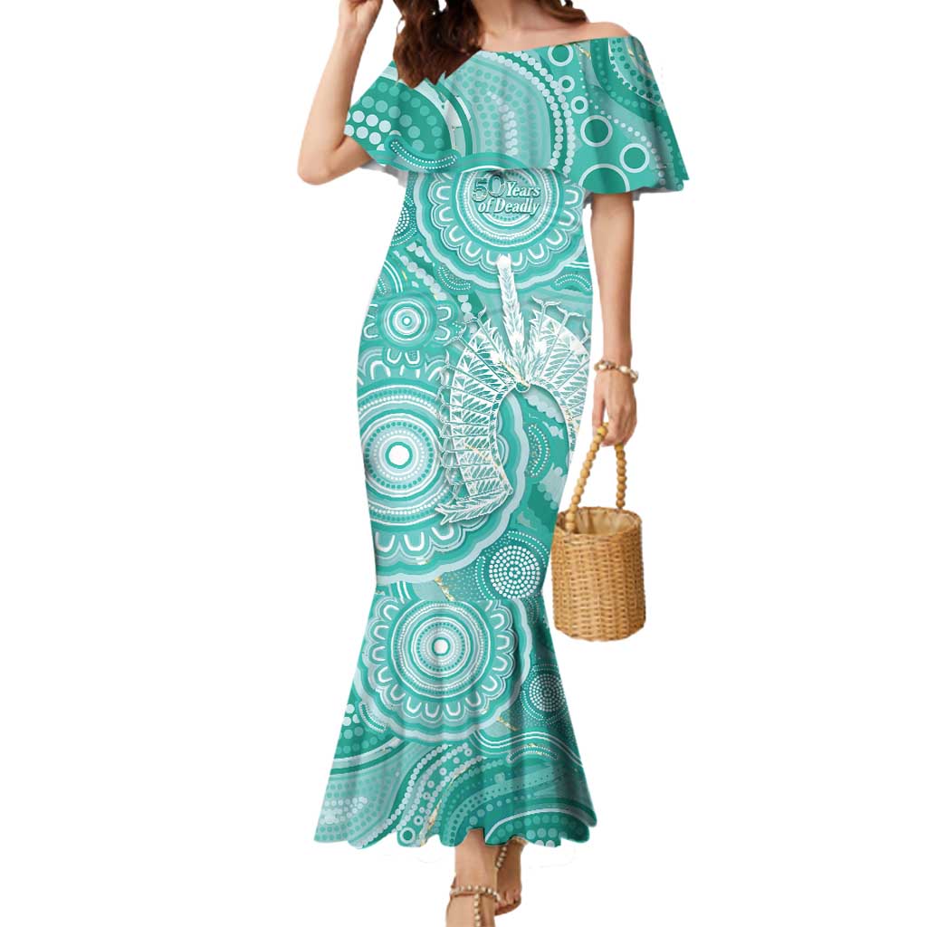 50 Years Deadly NAIDOC Week 2026 Personalised Mermaid Dress Dhari Cyan Indigenous Art