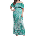50 Years Deadly NAIDOC Week 2026 Personalised Off Shoulder Maxi Dress Dhari Cyan Indigenous Art