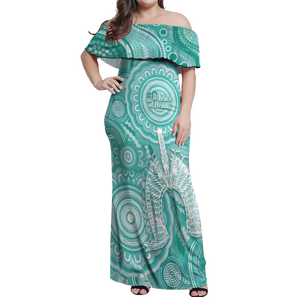 50 Years Deadly NAIDOC Week 2026 Personalised Off Shoulder Maxi Dress Dhari Cyan Indigenous Art