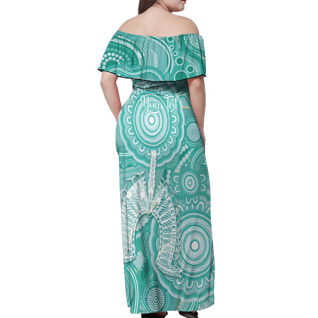 50 Years Deadly NAIDOC Week 2026 Personalised Off Shoulder Maxi Dress Dhari Cyan Indigenous Art