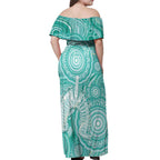 50 Years Deadly NAIDOC Week 2026 Personalised Off Shoulder Maxi Dress Dhari Cyan Indigenous Art