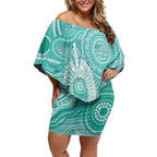 50 Years Deadly NAIDOC Week 2026 Personalised Off Shoulder Short Dress Dhari Cyan Indigenous Art