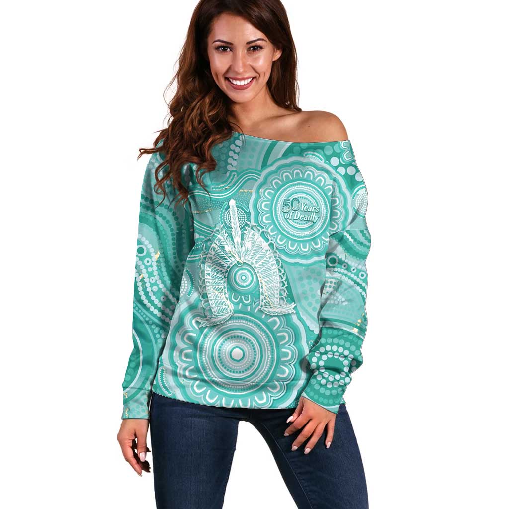 50 Years Deadly NAIDOC Week 2026 Personalised Off Shoulder Sweater Dhari Cyan Indigenous Art