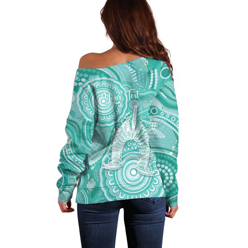 50 Years Deadly NAIDOC Week 2026 Personalised Off Shoulder Sweater Dhari Cyan Indigenous Art