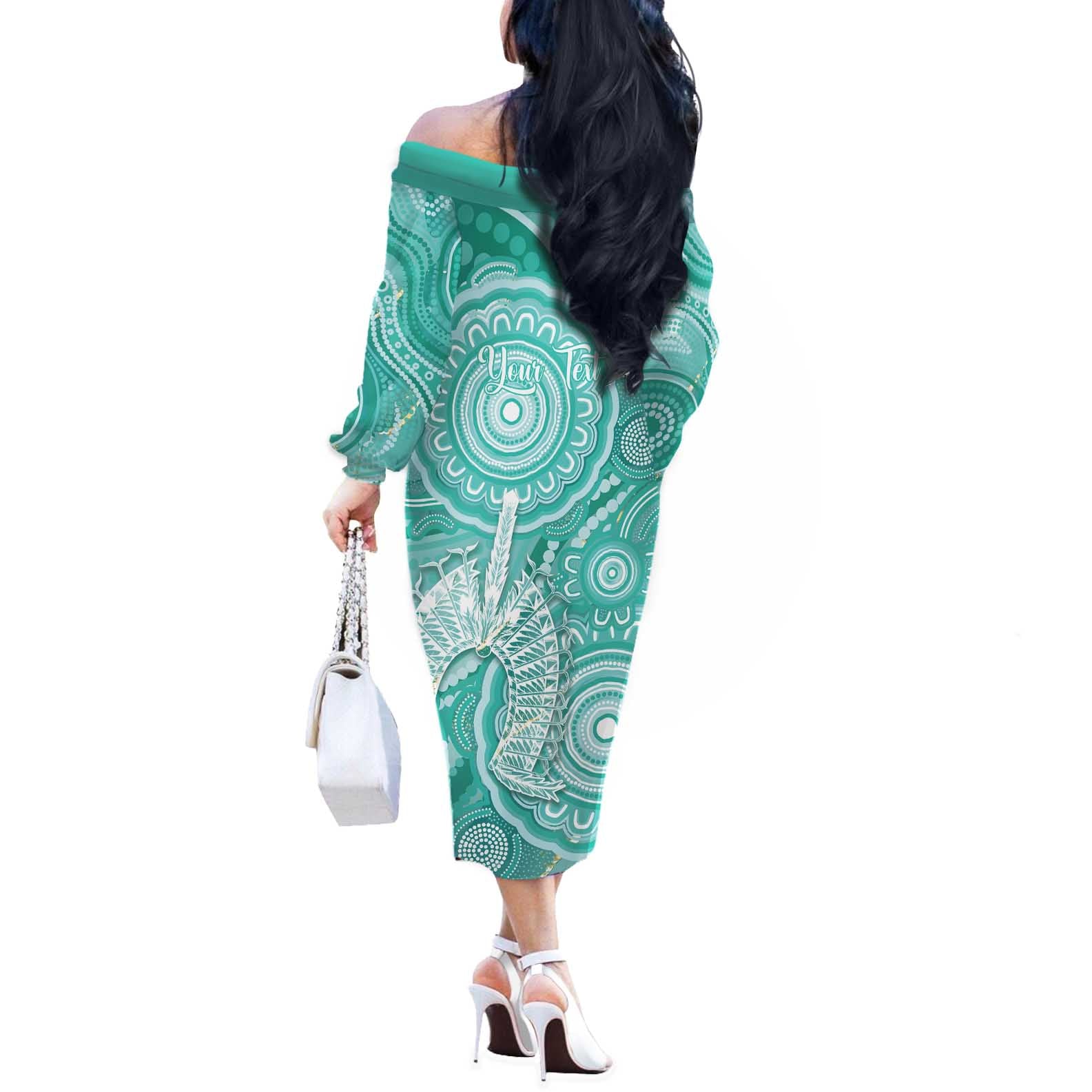 50 Years Deadly NAIDOC Week 2026 Personalised Off The Shoulder Long Sleeve Dress Dhari Cyan Indigenous Art