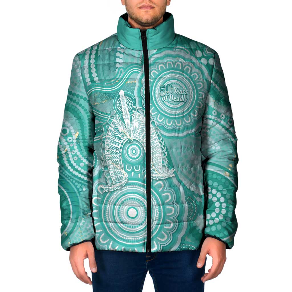 50 Years Deadly NAIDOC Week 2026 Personalised Padded Jacket Dhari Cyan Indigenous Art