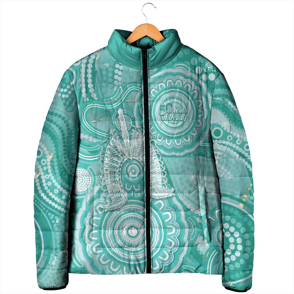50 Years Deadly NAIDOC Week 2026 Personalised Padded Jacket Dhari Cyan Indigenous Art