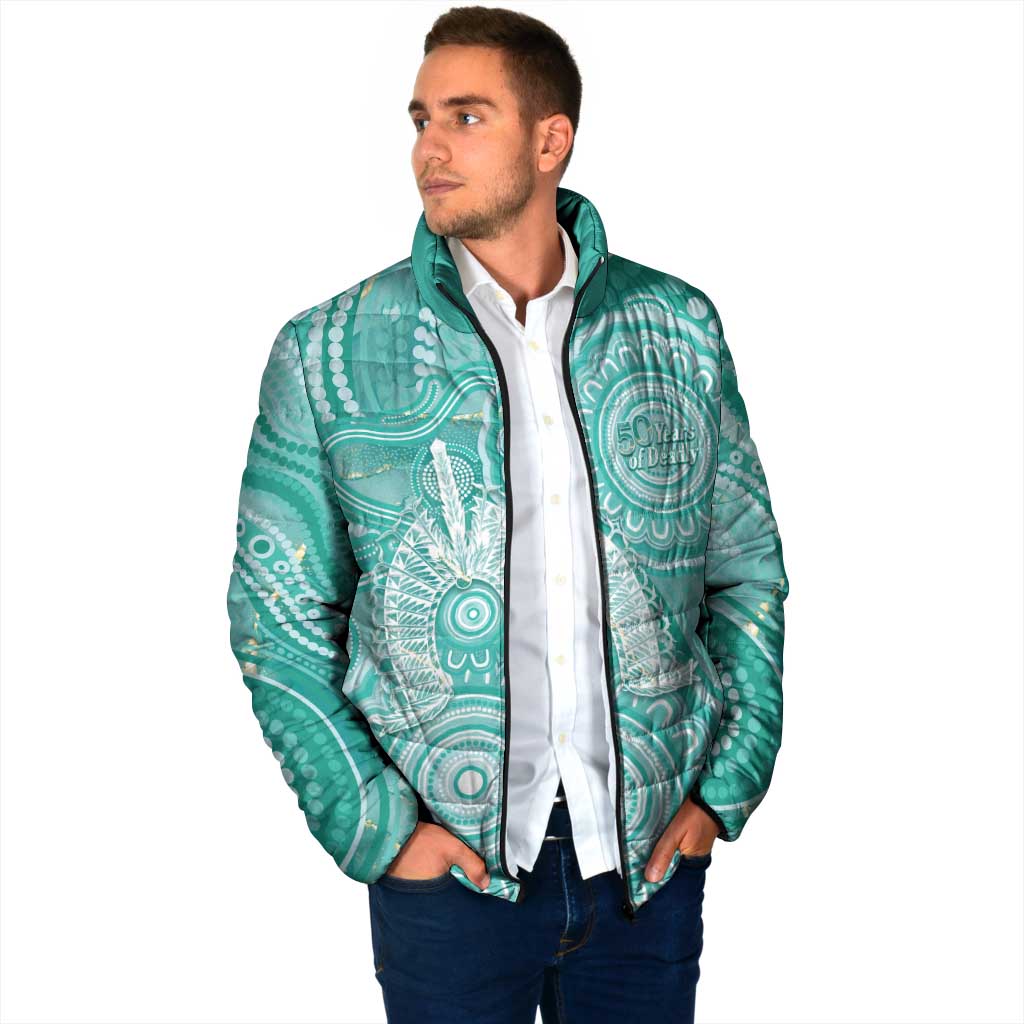 50 Years Deadly NAIDOC Week 2026 Personalised Padded Jacket Dhari Cyan Indigenous Art