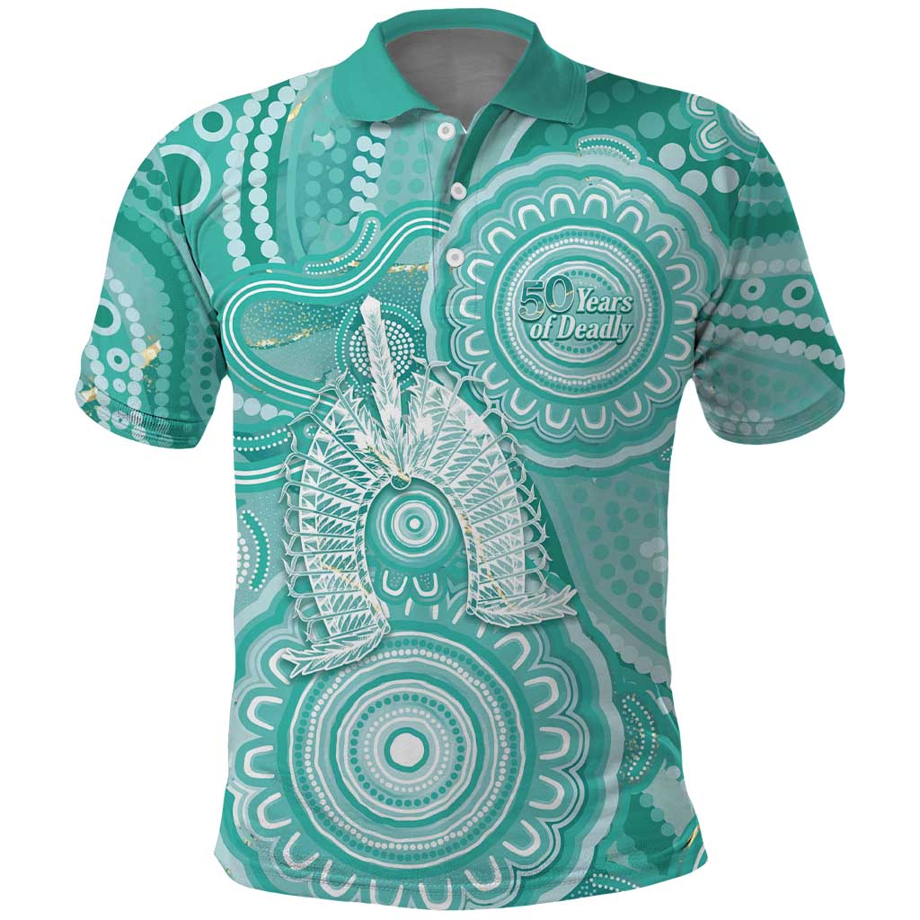 50 Years Deadly NAIDOC Week 2026 Personalised Polo Shirt Dhari Cyan Indigenous Art