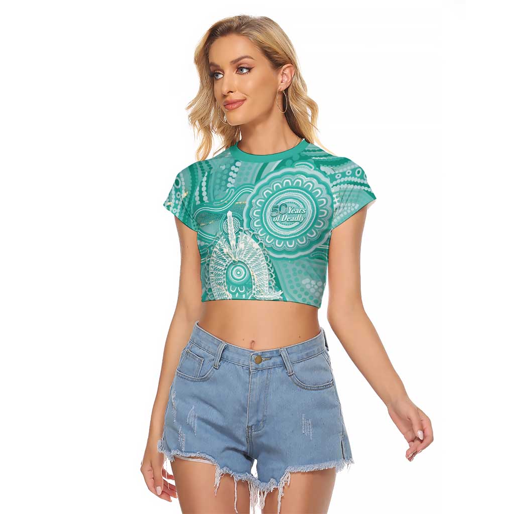 50 Years Deadly NAIDOC Week 2026 Personalised Raglan Cropped T Shirt Dhari Cyan Indigenous Art
